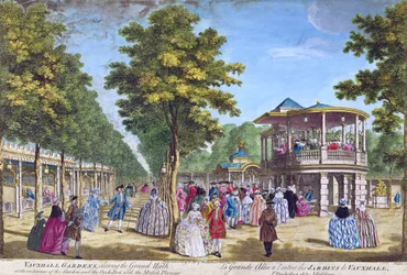 Ansicht des Grand Walk am Eingang der Vauxhall Pleasure Gardens mit dem spielenden Orchester, graviert von Muller